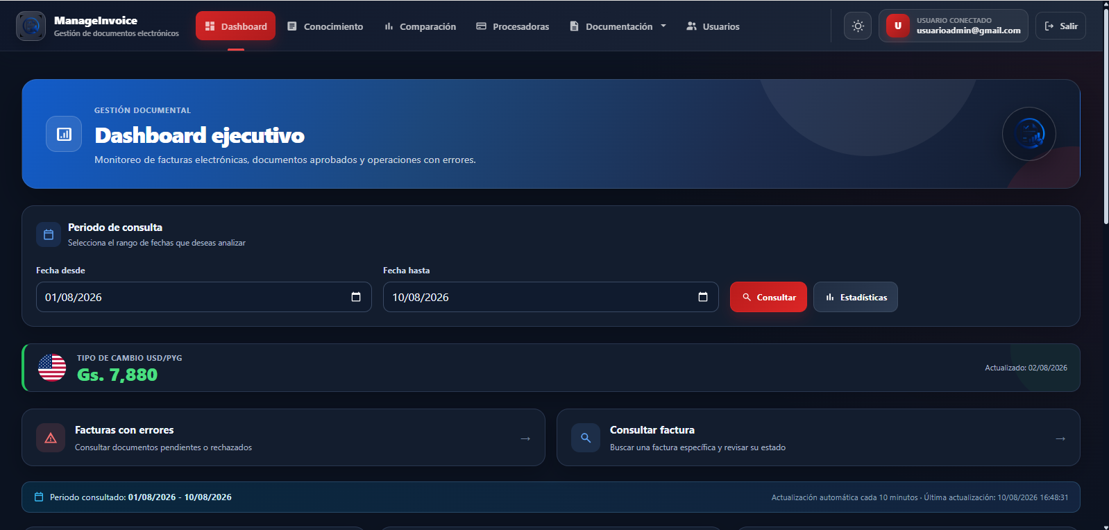 Dashboard de ManageInvoice para la gestión de facturas electrónicas
